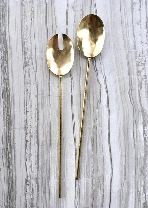 handmade brass serving spoon and fork set with hammered details on 6 gauge wire handles.