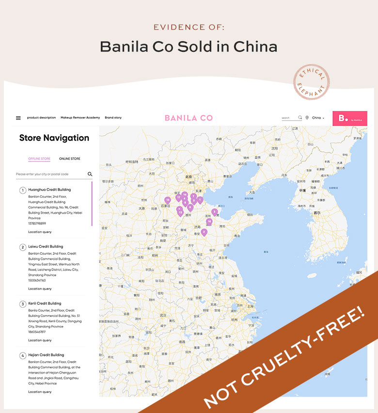 Screenshot of Banila Co's Store Locator Showing Several Offline Stores in China Selling Its Products